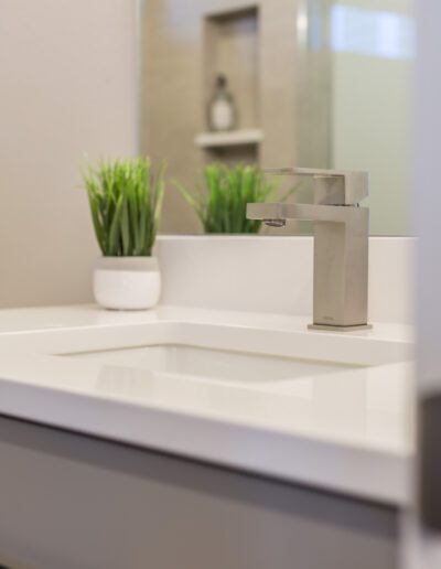 A modern bathroom with a white sink and a plant.