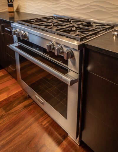 A stainless steel oven in a kitchen.