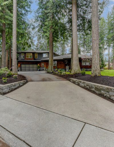 A driveway leading to a home in the woods.